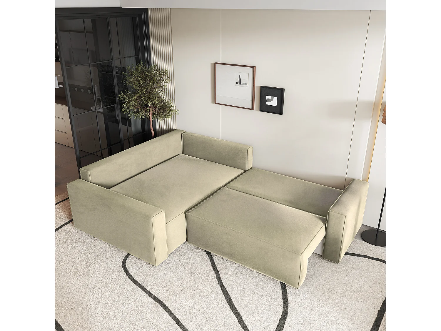 Hoekbank ERONIS van fluweel met slaapfunctie Creme