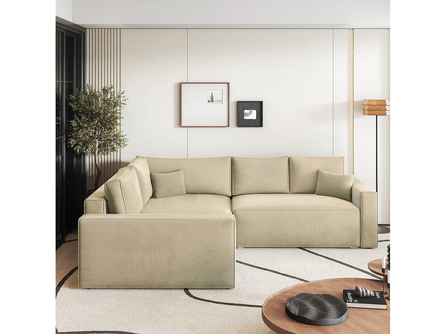 Hoekbank ERONIS van fluweel met slaapfunctie Creme