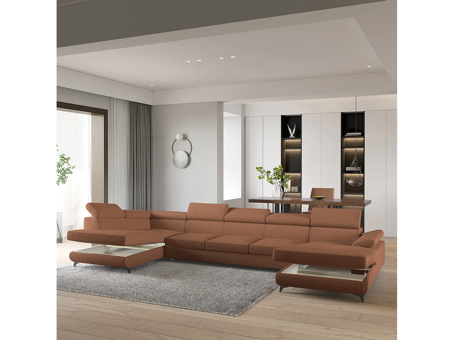 Hoekbank MONTIVA van fluweel met slaapfunctie Orange