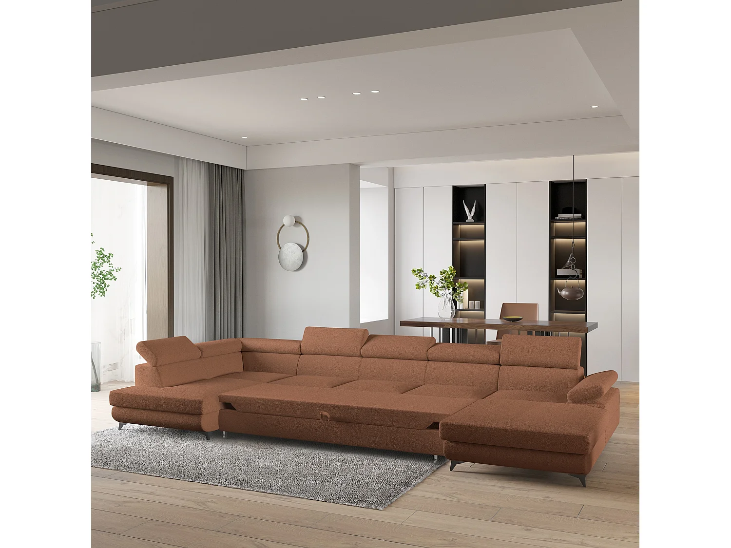 Hoekbank MONTIVA van fluweel met slaapfunctie Orange