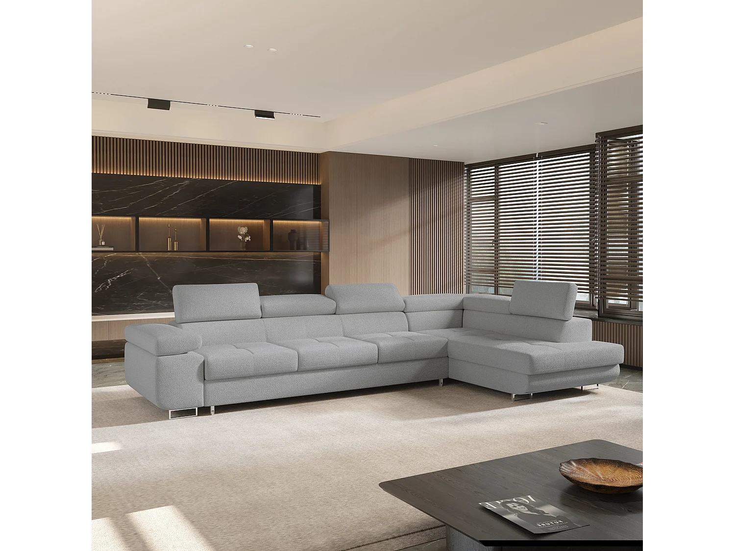 Hoekbank VICENTE van fluweel met slaapfunctie Hellgrau