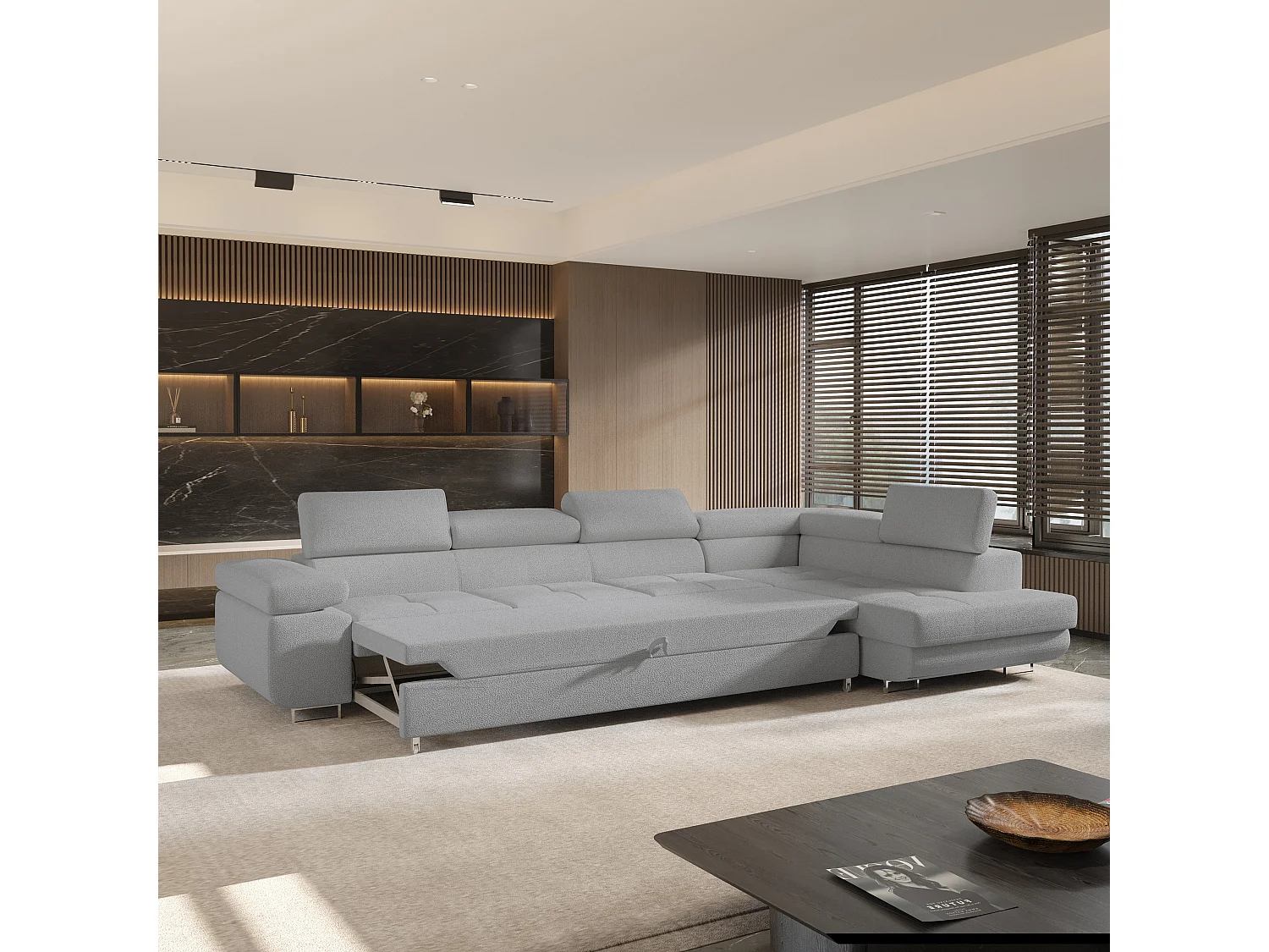 Hoekbank VICENTE van fluweel met slaapfunctie Hellgrau