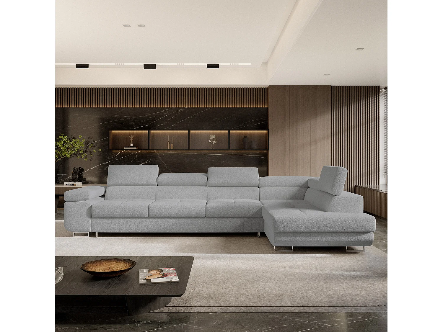 Hoekbank VICENTE van fluweel met slaapfunctie Hellgrau