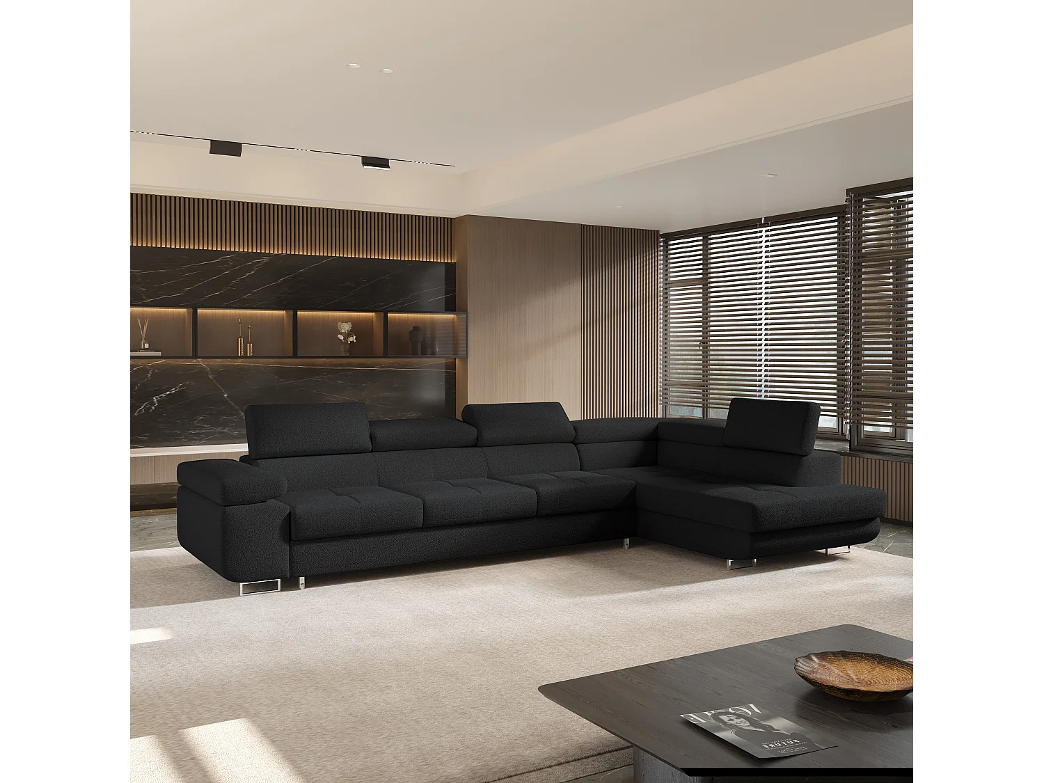 Hoekbank VICENTE van fluweel met slaapfunctie Schwarz