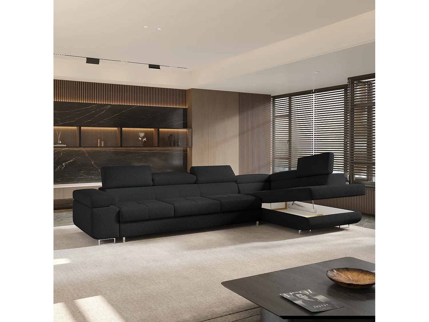 Hoekbank VICENTE van fluweel met slaapfunctie Schwarz