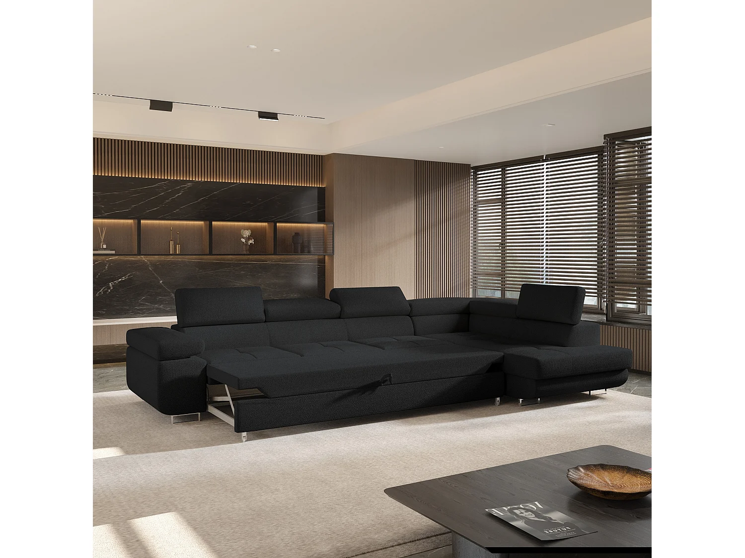 Hoekbank VICENTE van fluweel met slaapfunctie Schwarz