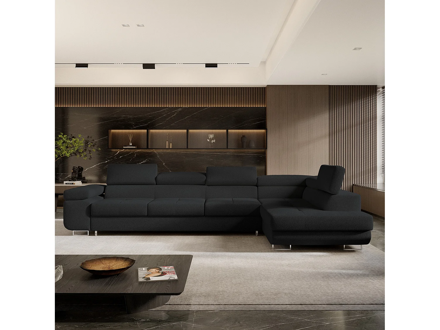 Hoekbank VICENTE van fluweel met slaapfunctie Schwarz