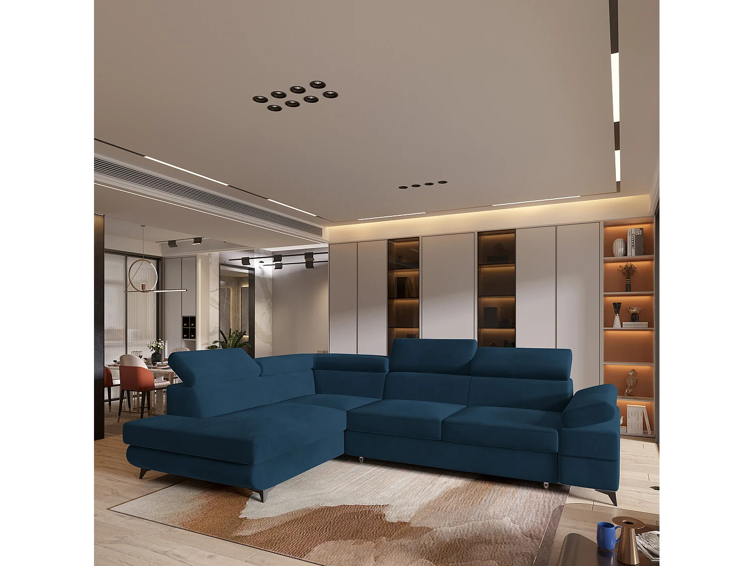 Hoekbank FAVIEN van fluweel met slaapfunctie Blau