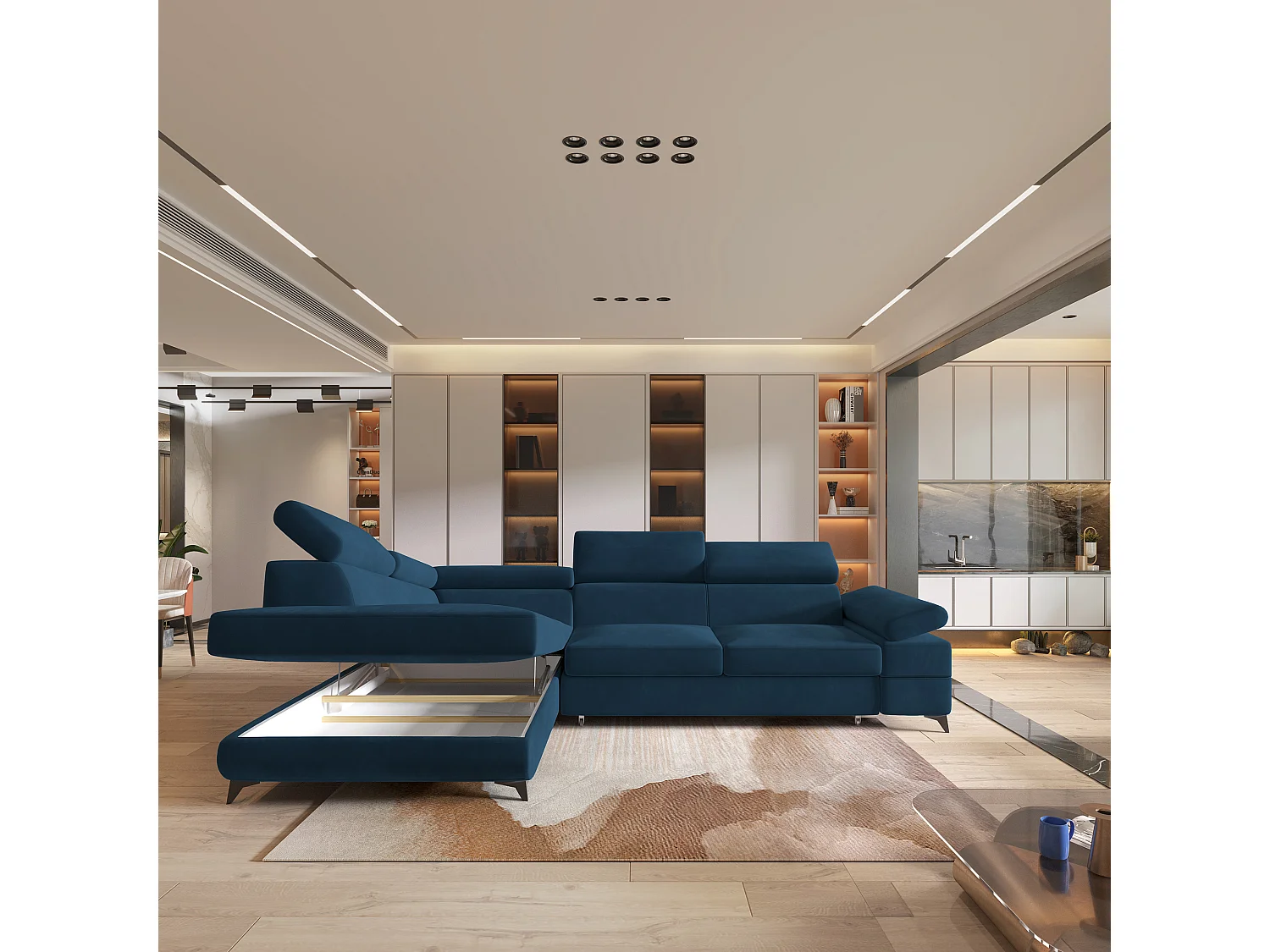 Hoekbank FAVIEN van fluweel met slaapfunctie Blau