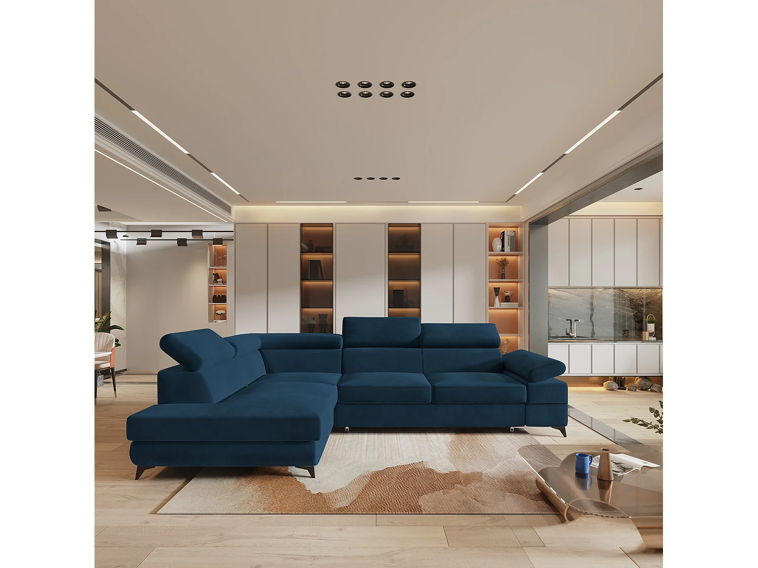 Hoekbank FAVIEN van fluweel met slaapfunctie Blau