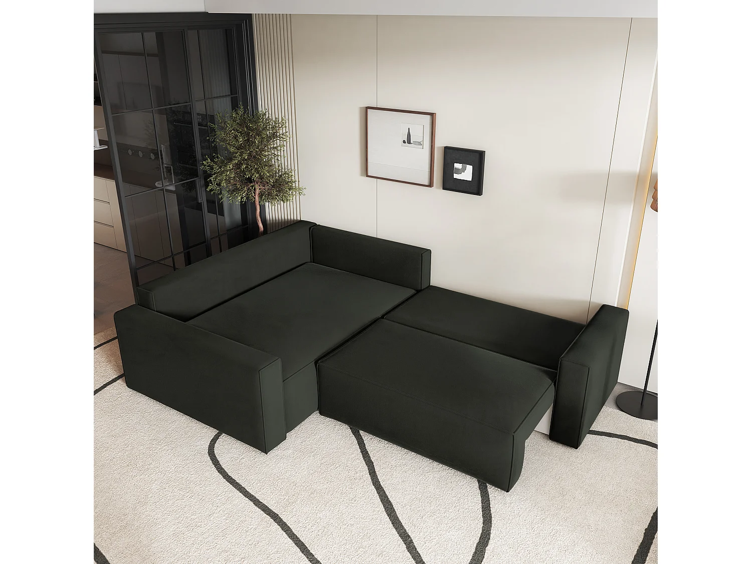 Hoekbank ERONIS van fluweel met slaapfunctie Schwarz