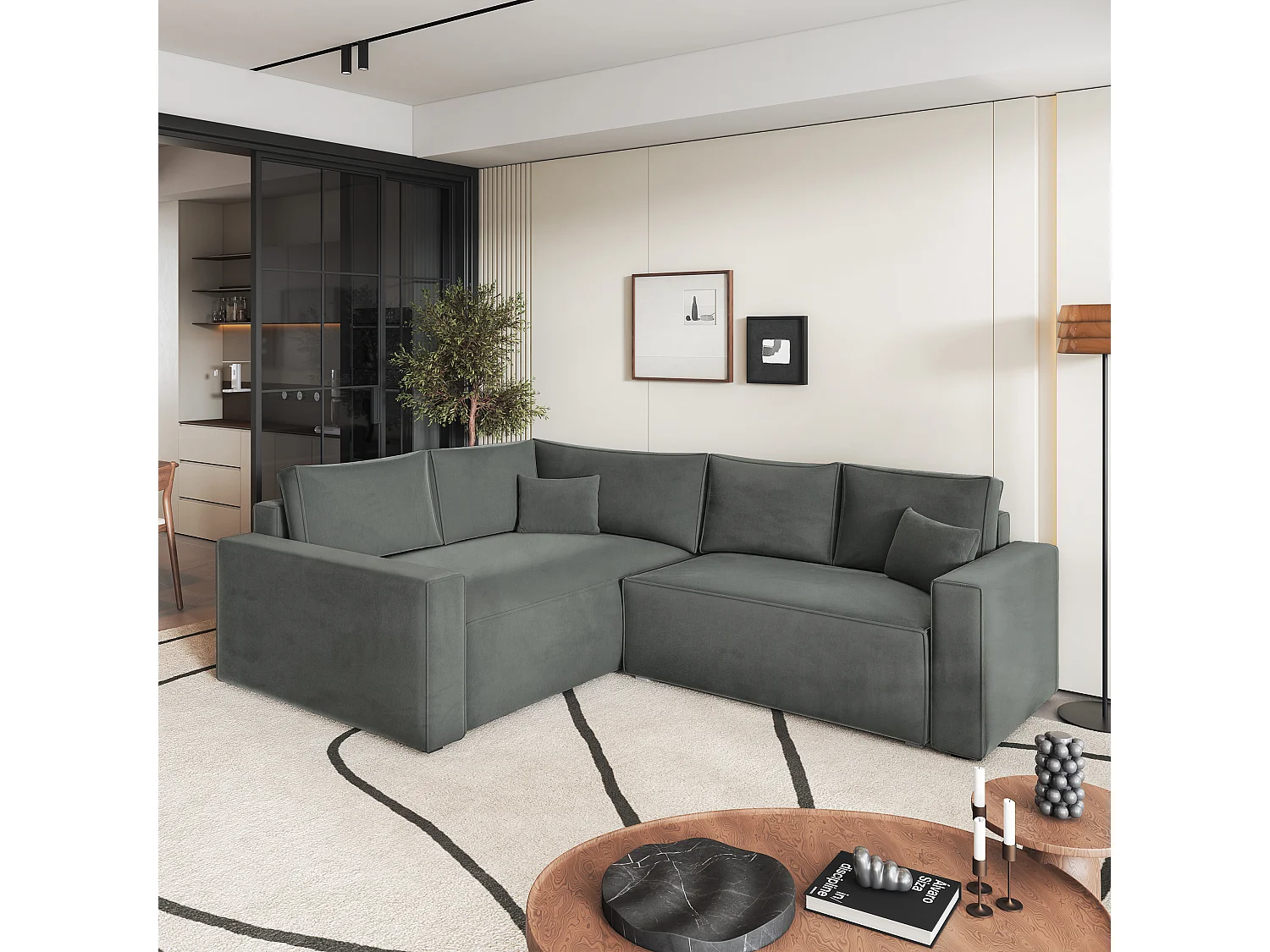 Hoekbank ERONIS van fluweel met slaapfunctie Grau