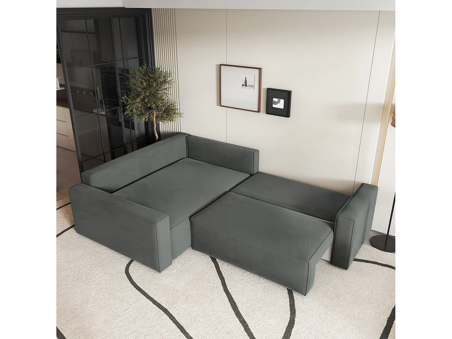 Hoekbank ERONIS van fluweel met slaapfunctie Grau