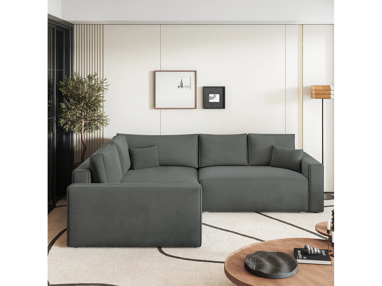 Hoekbank ERONIS van fluweel met slaapfunctie Grau