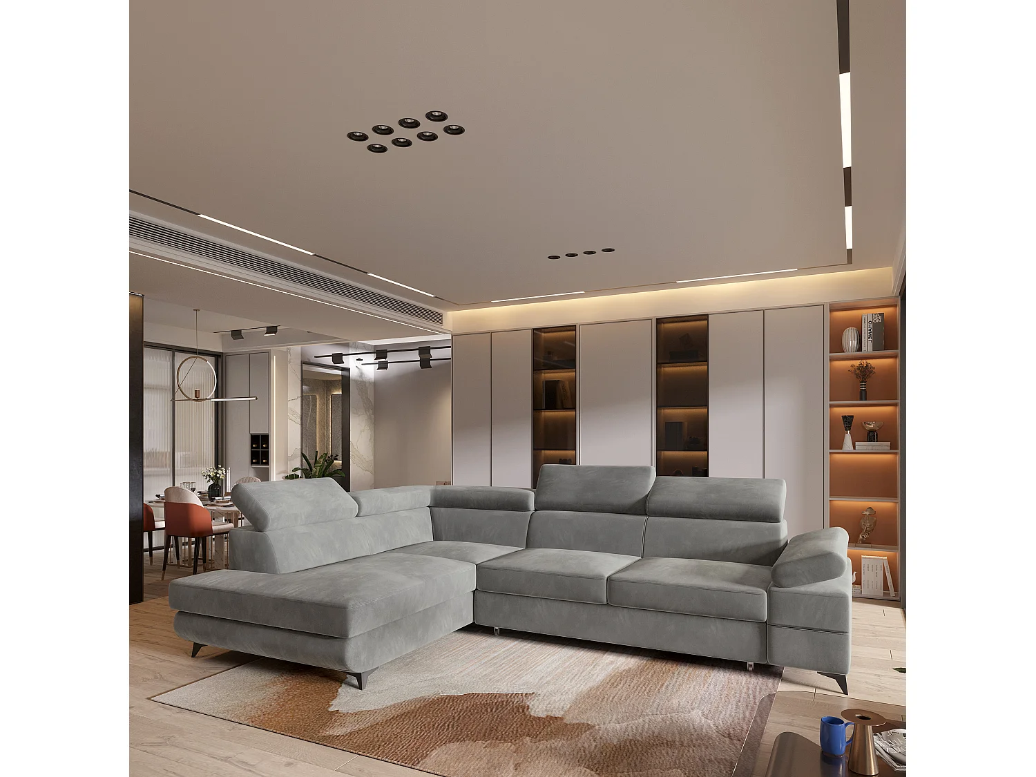 Hoekbank FAVIEN van fluweel met slaapfunctie Hellgrau