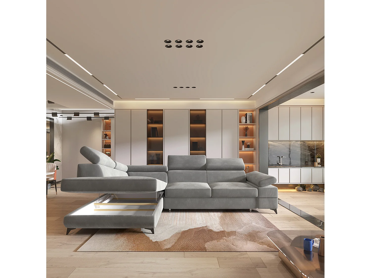 Hoekbank FAVIEN van fluweel met slaapfunctie Hellgrau