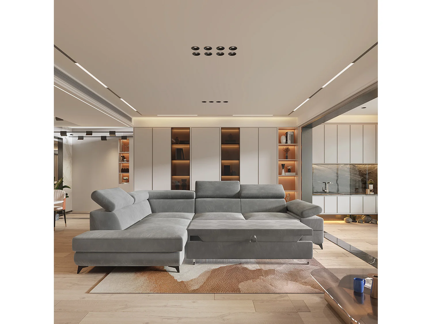 Hoekbank FAVIEN van fluweel met slaapfunctie Hellgrau