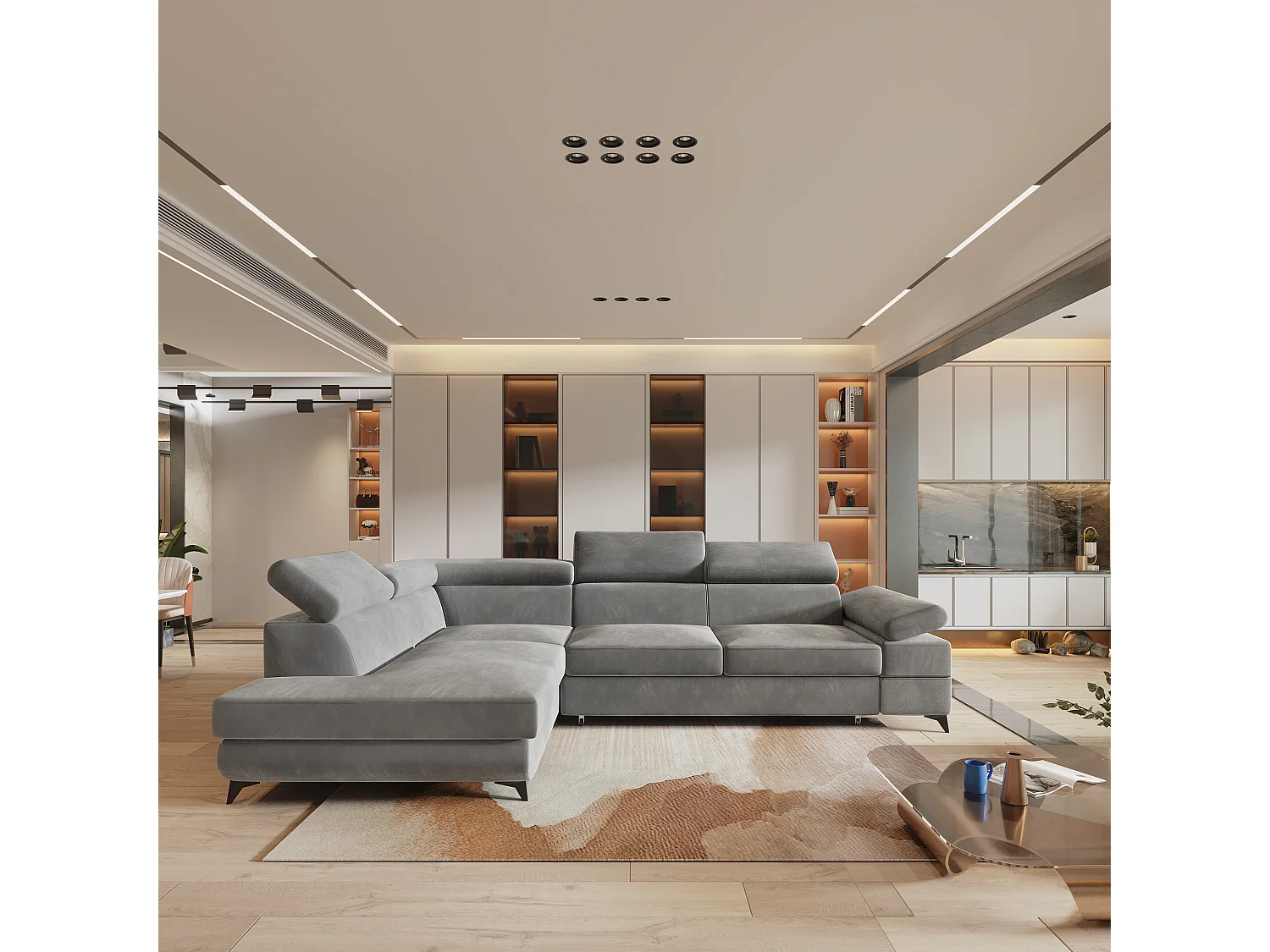 Hoekbank FAVIEN van fluweel met slaapfunctie Hellgrau