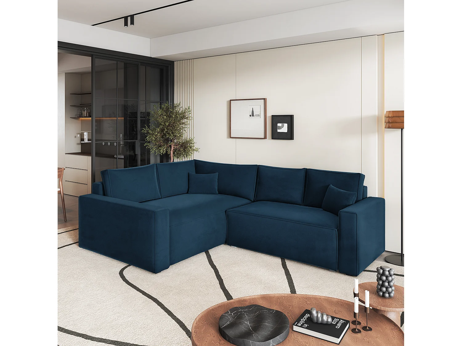 Hoekbank ERONIS van fluweel met slaapfunctie Blau
