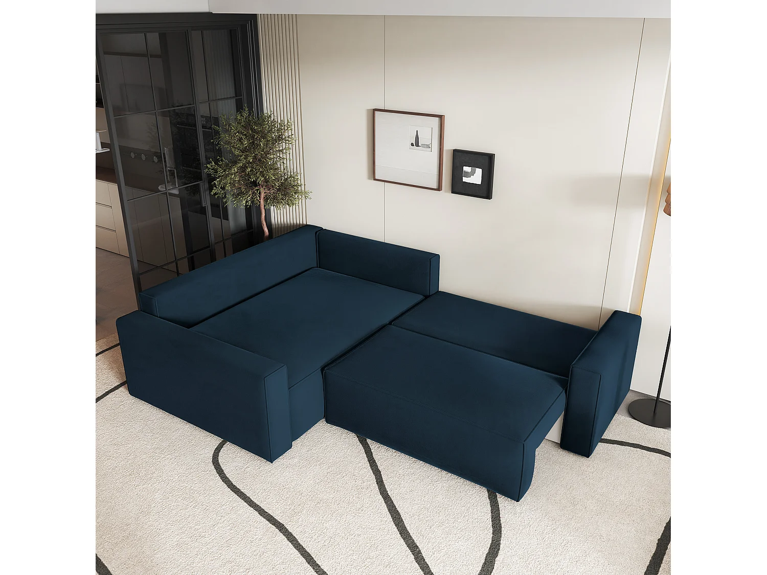 Hoekbank ERONIS van fluweel met slaapfunctie Blau