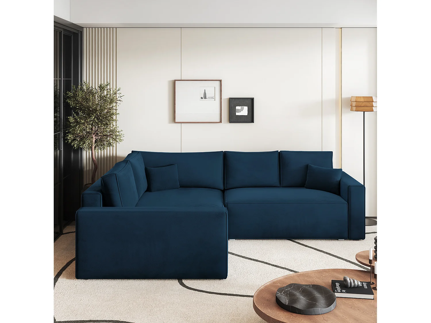 Hoekbank ERONIS van fluweel met slaapfunctie Blau