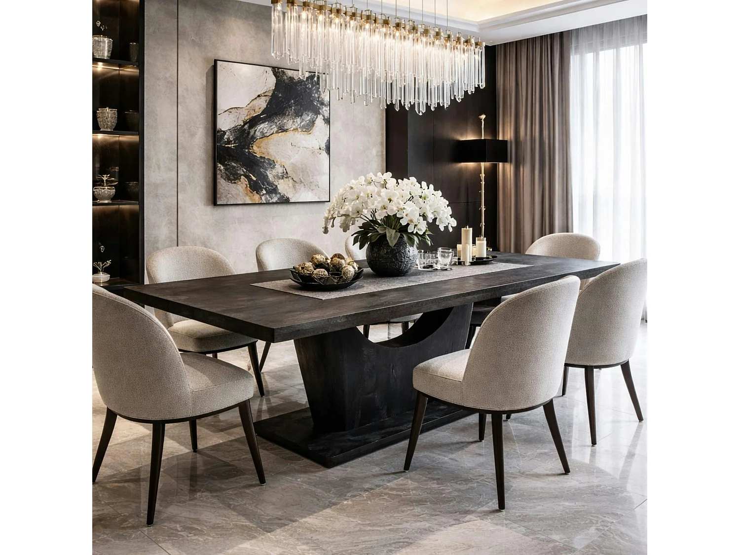 Table à manger bois noir pied central ouvert 200 cm ARCANA