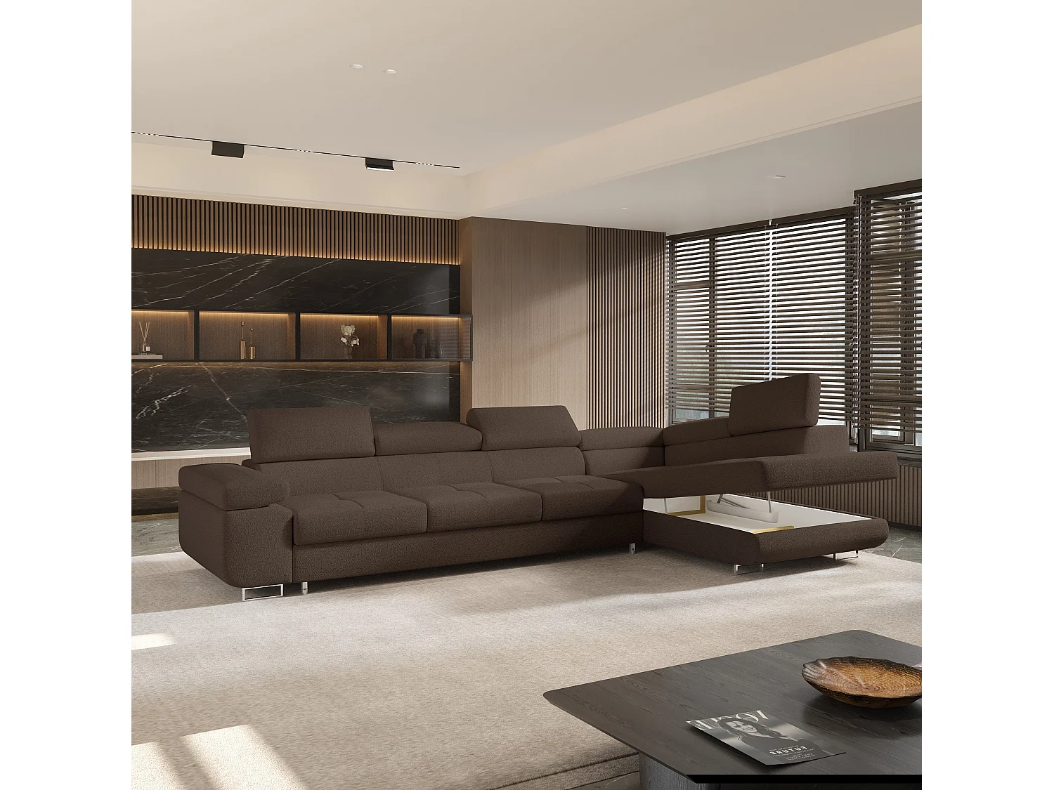 Hoekbank VICENTE van fluweel met slaapfunctie Braun