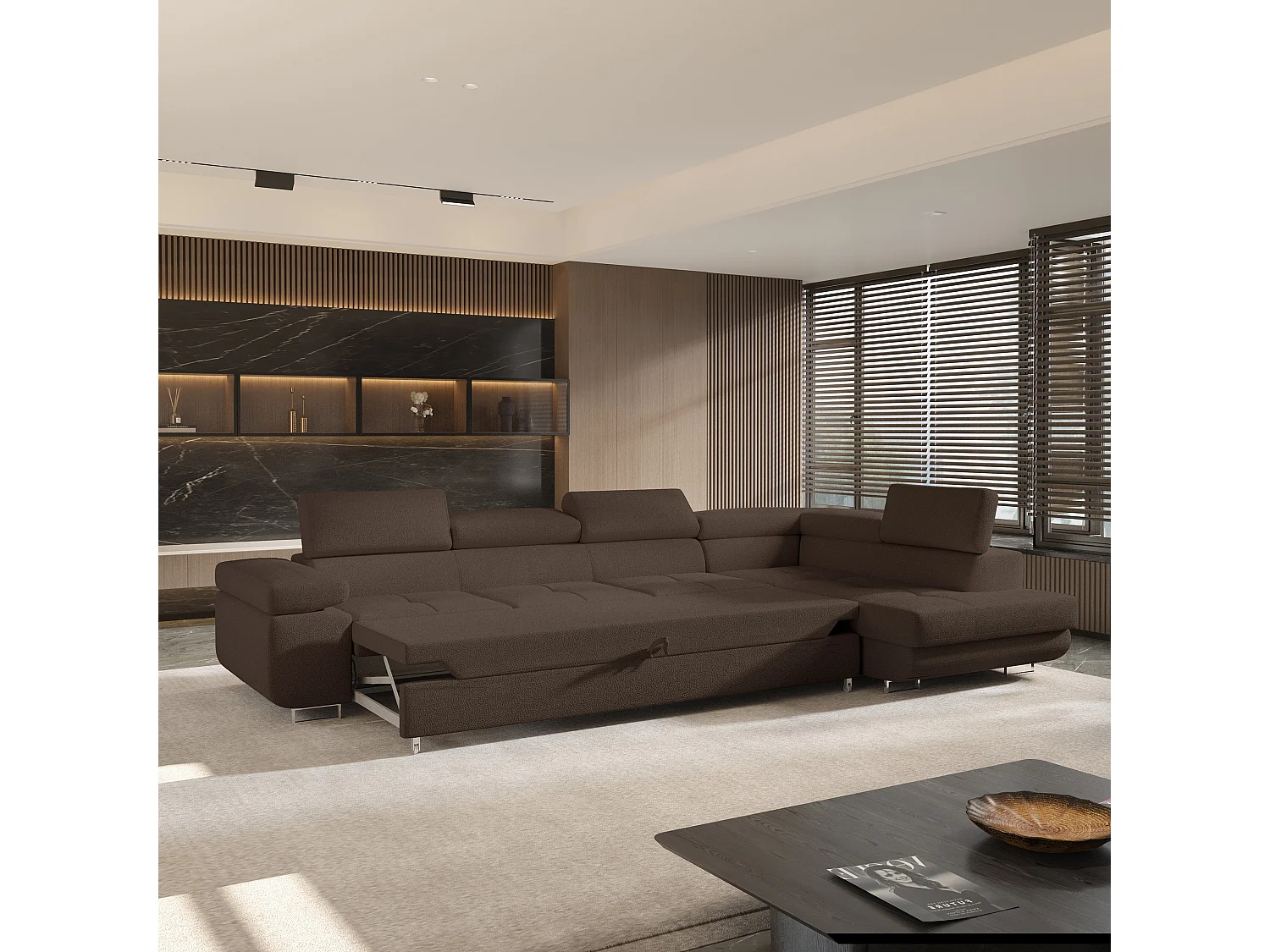 Hoekbank VICENTE van fluweel met slaapfunctie Braun