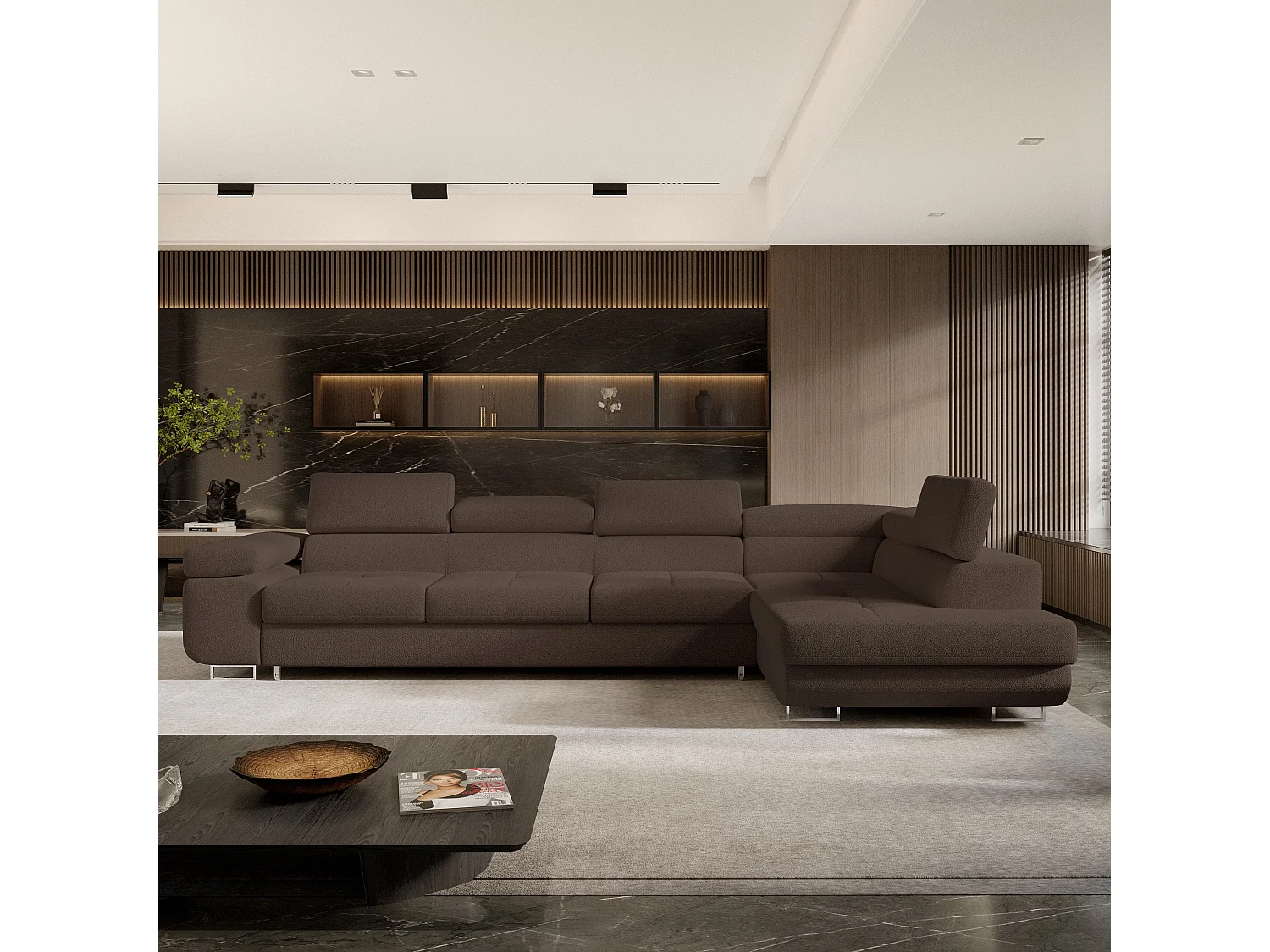 Hoekbank VICENTE van fluweel met slaapfunctie Braun