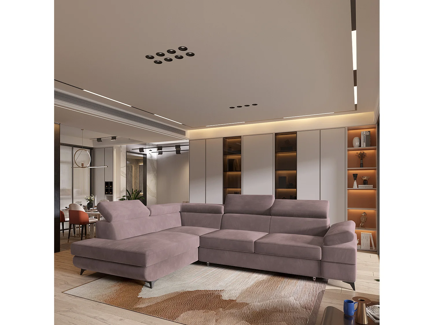 Hoekbank FAVIEN van fluweel met slaapfunctie Lila