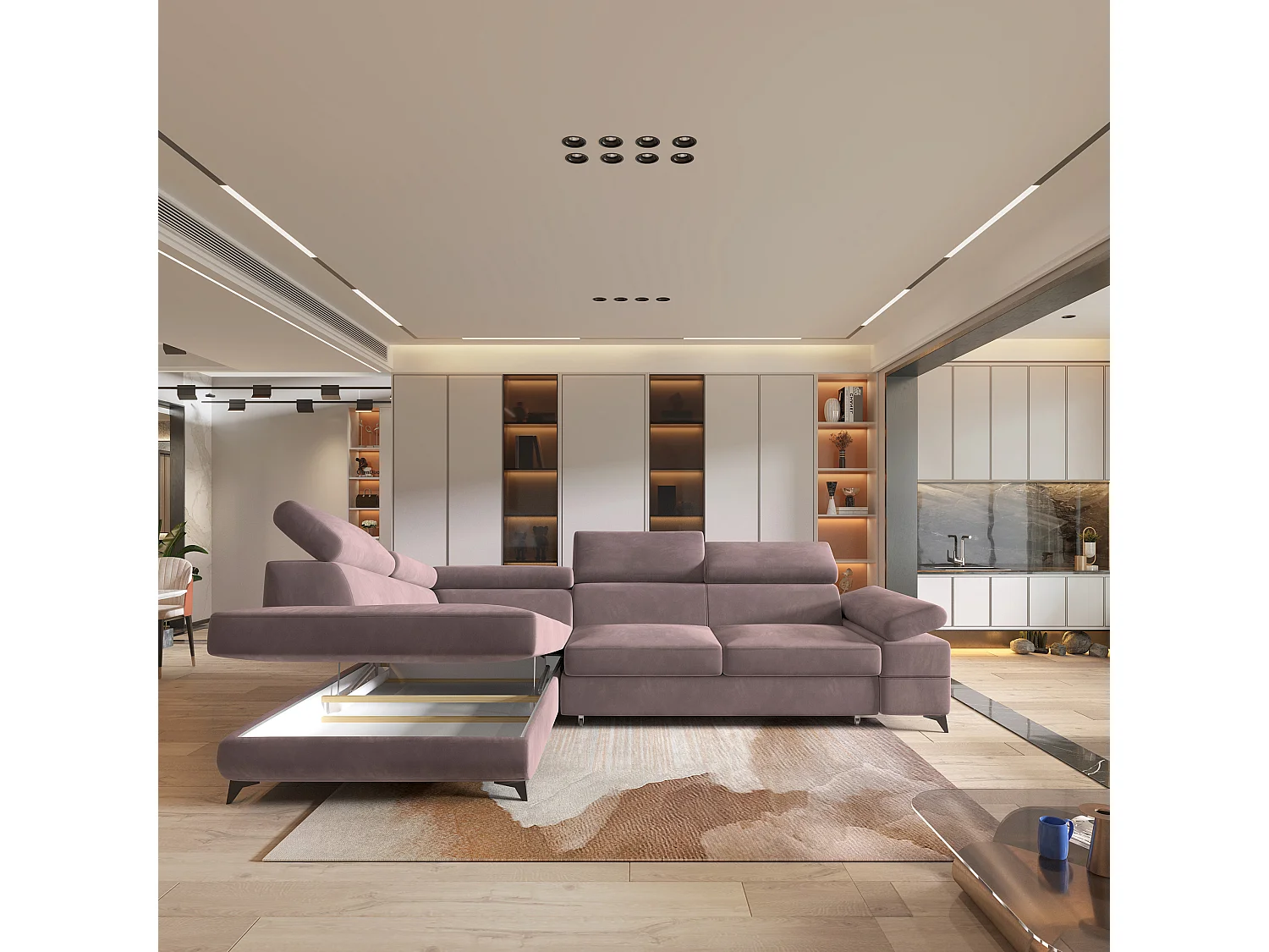 Hoekbank FAVIEN van fluweel met slaapfunctie Lila