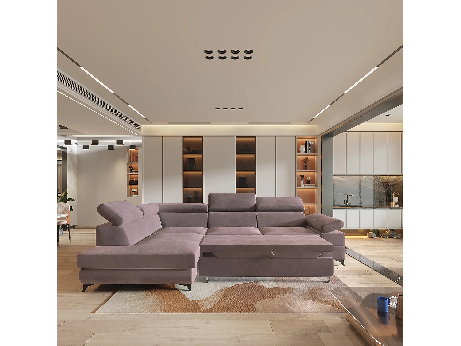 Hoekbank FAVIEN van fluweel met slaapfunctie Lila