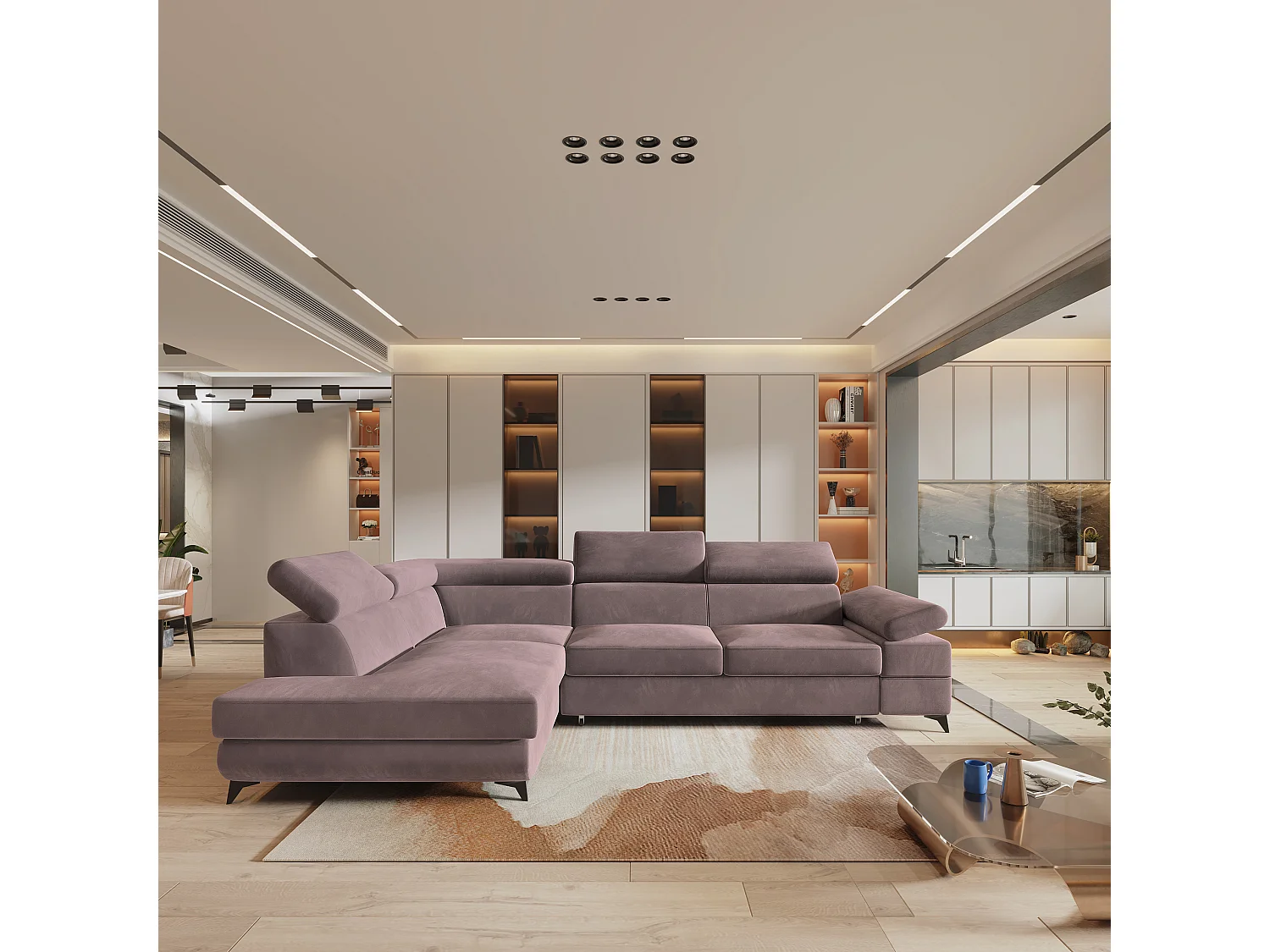 Hoekbank FAVIEN van fluweel met slaapfunctie Lila