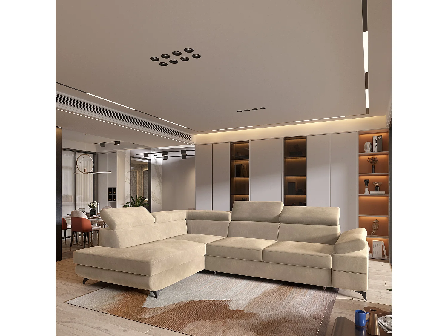 Hoekbank FAVIEN van fluweel met slaapfunctie Creme