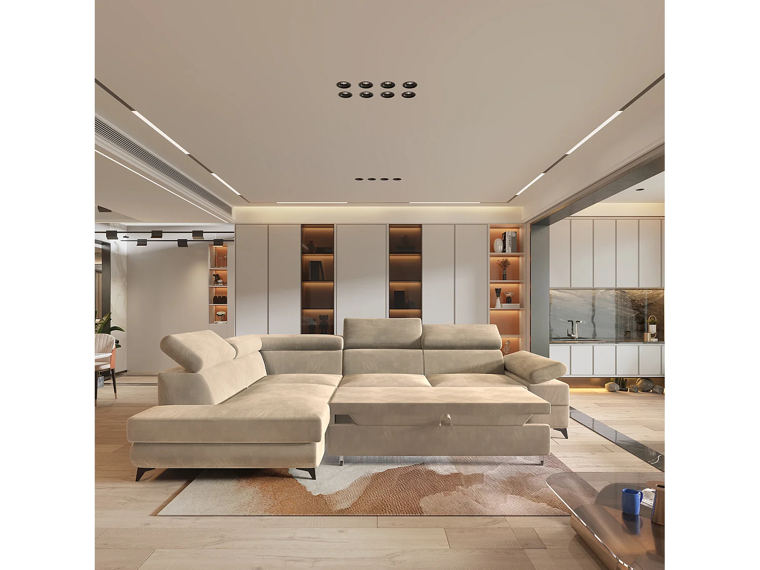 Hoekbank FAVIEN van fluweel met slaapfunctie Creme