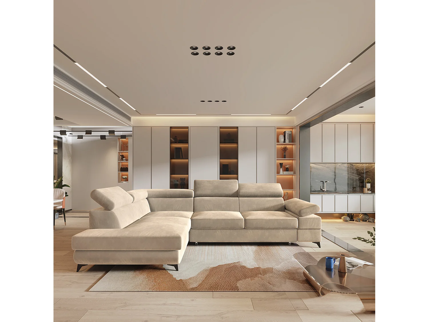 Hoekbank FAVIEN van fluweel met slaapfunctie Creme