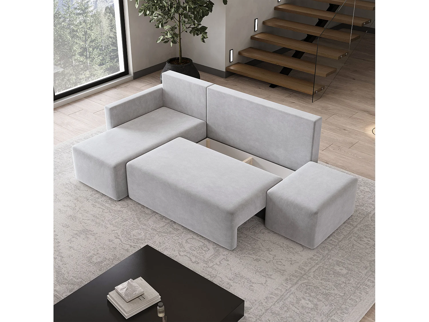 Hoekbank VELOTTI van fluweel met slaapfunctie Hellgrau