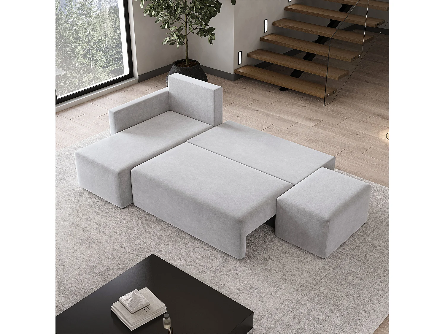Hoekbank VELOTTI van fluweel met slaapfunctie Hellgrau