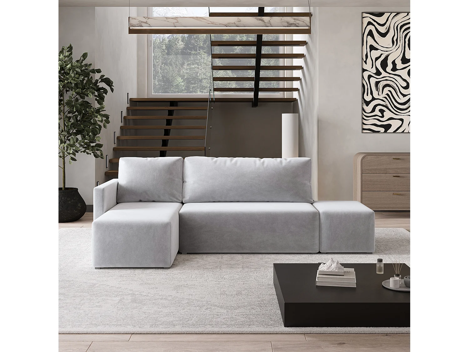 Hoekbank VELOTTI van fluweel met slaapfunctie Hellgrau