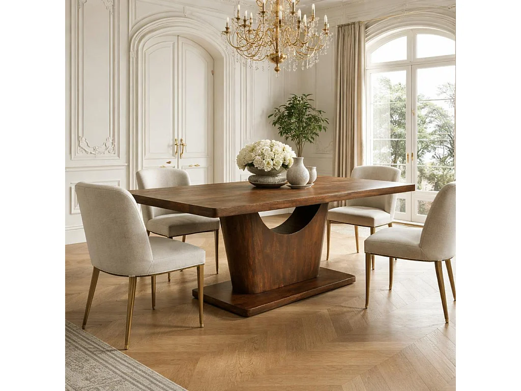 Table à manger bois foncé pied central ouvert 240 cm ARCANA