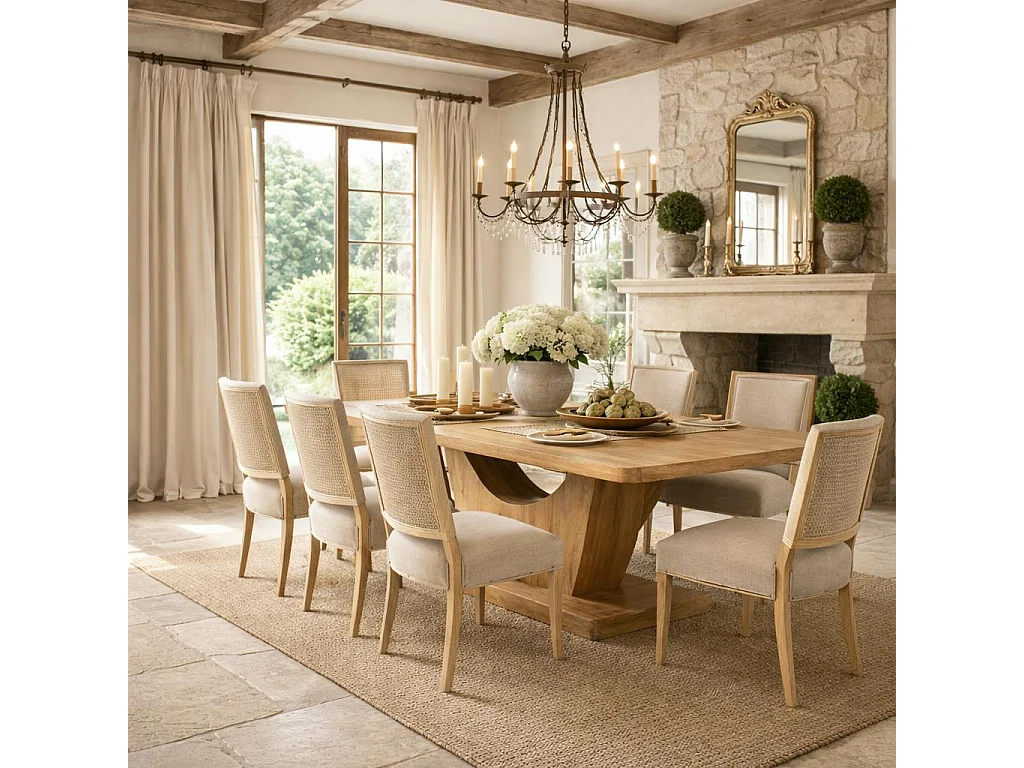 Table à manger bois clair pied central ouvert 240 cm ARCANA