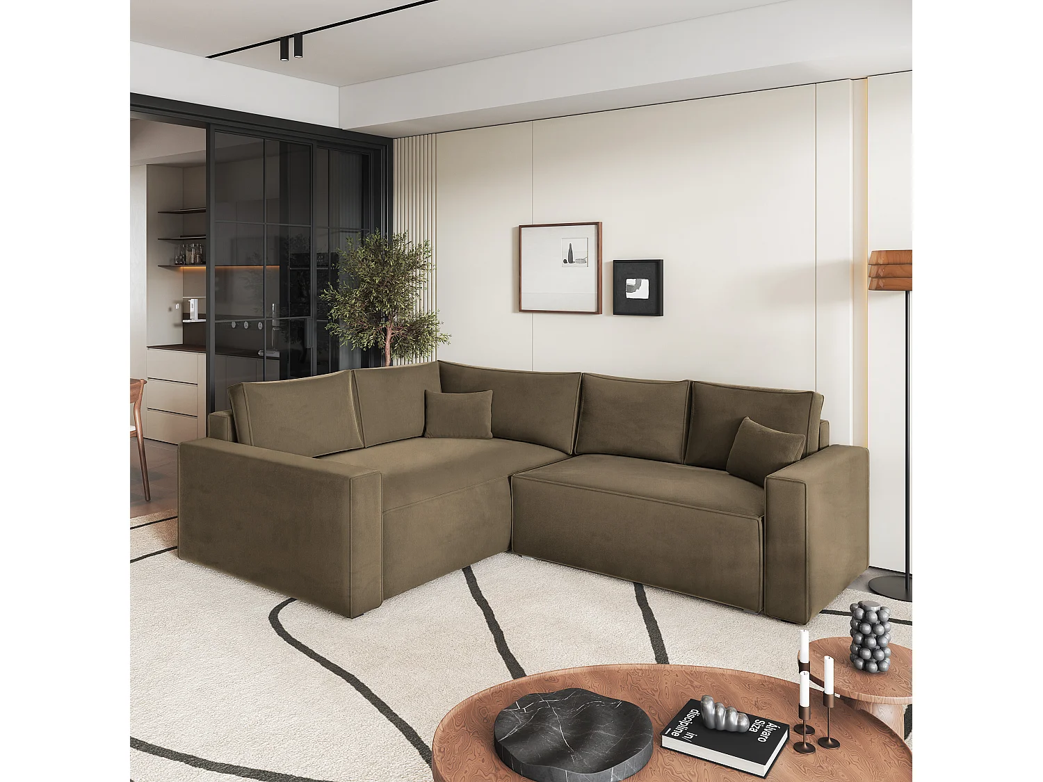 Hoekbank ERONIS van fluweel met slaapfunctie Beige