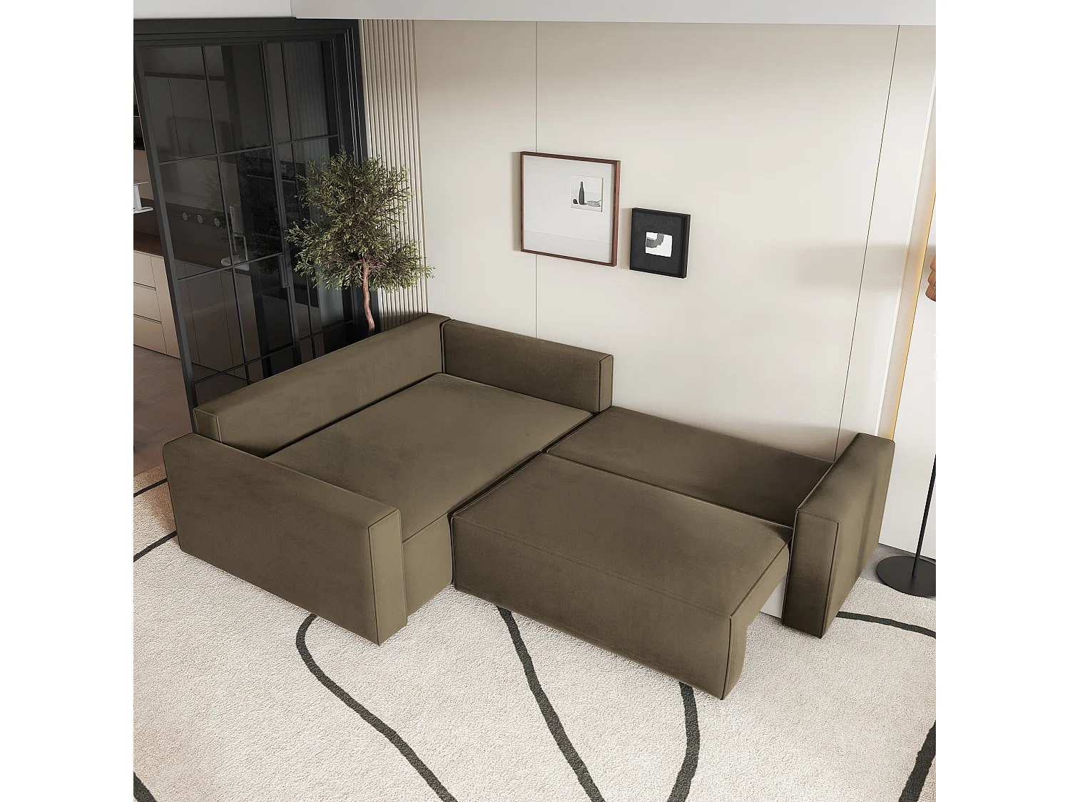 Hoekbank ERONIS van fluweel met slaapfunctie Beige