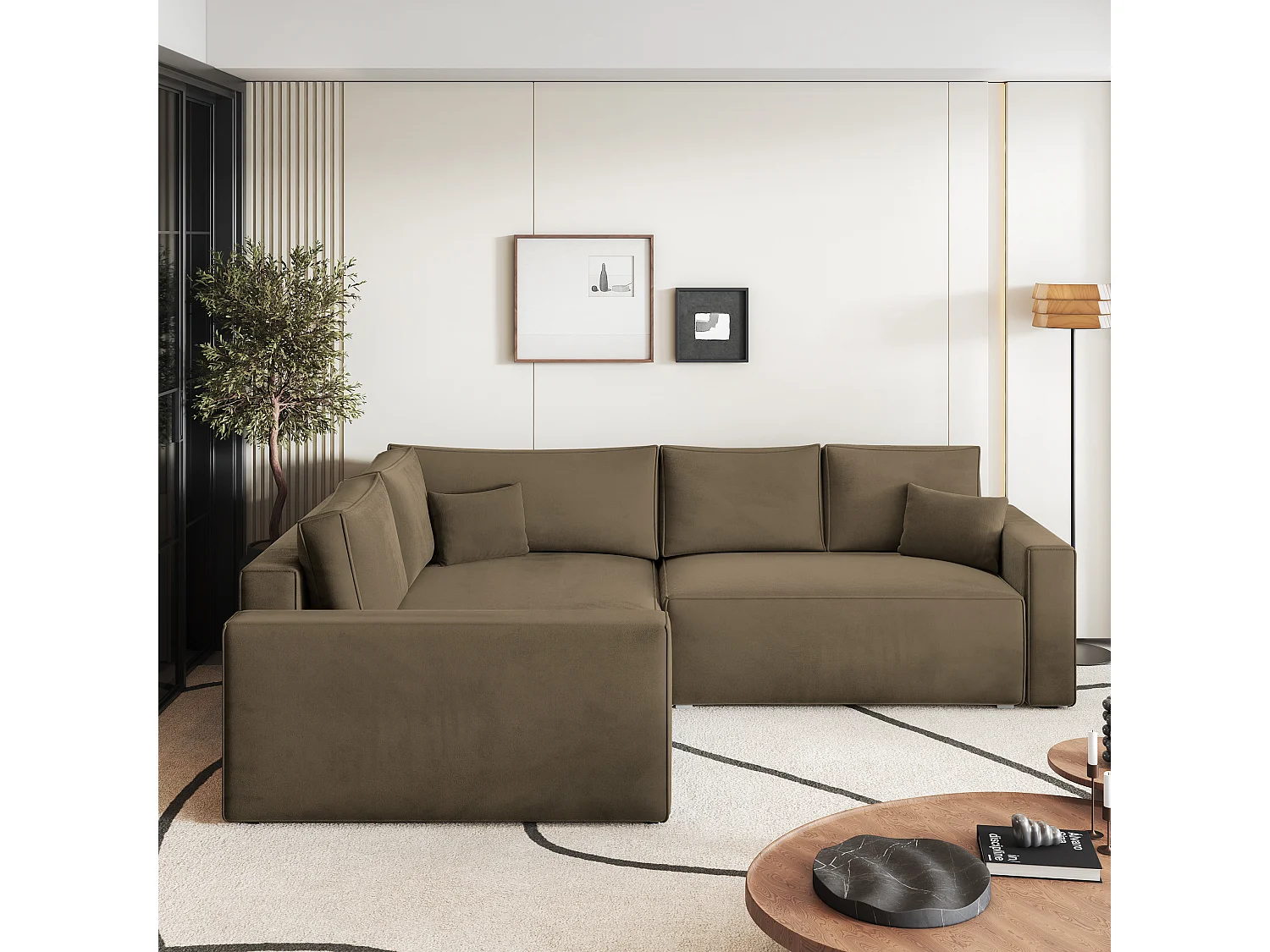 Hoekbank ERONIS van fluweel met slaapfunctie Beige