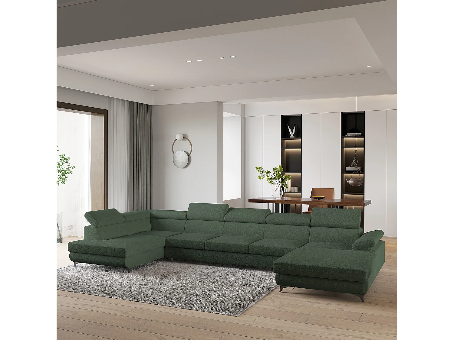 Hoekbank MONTIVA van fluweel met slaapfunctie Grün