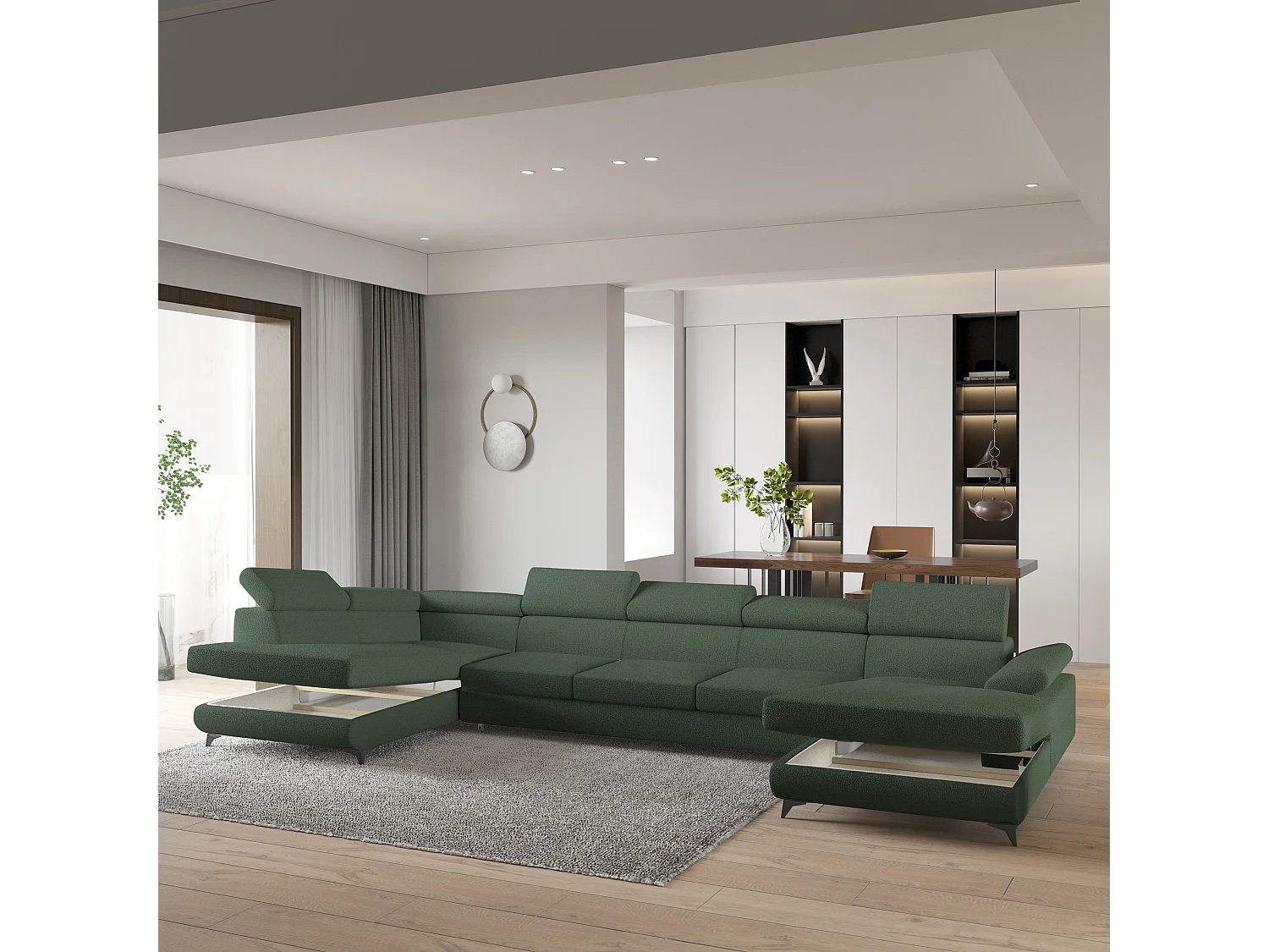 Hoekbank MONTIVA van fluweel met slaapfunctie Grün