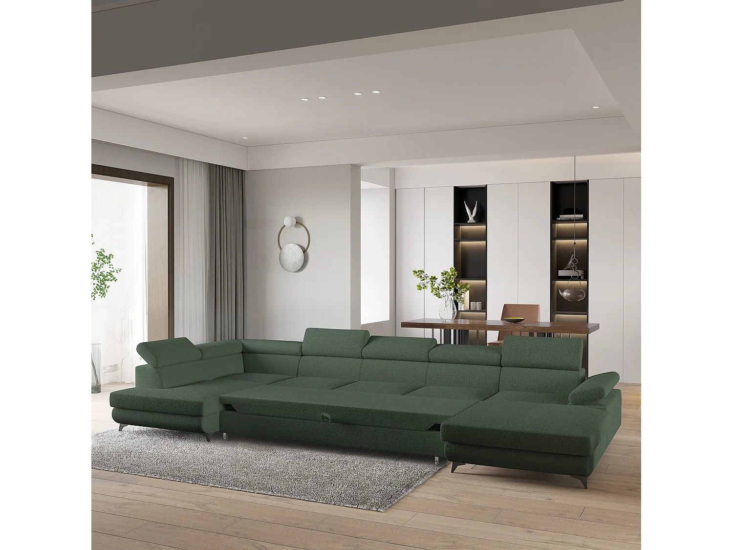 Hoekbank MONTIVA van fluweel met slaapfunctie Grün
