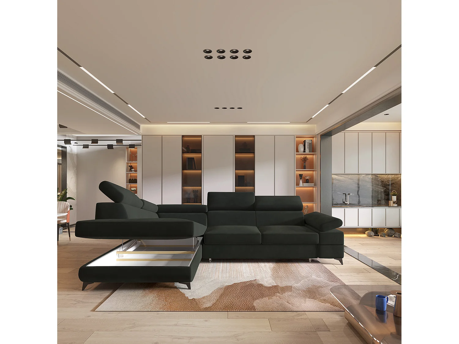 Hoekbank FAVIEN van fluweel met slaapfunctie Schwarz