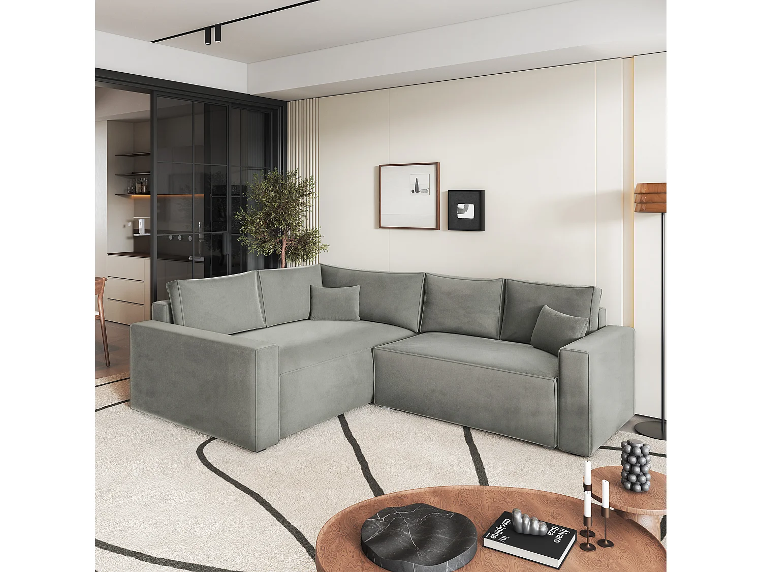 Hoekbank ERONIS van fluweel met slaapfunctie Hellgrau