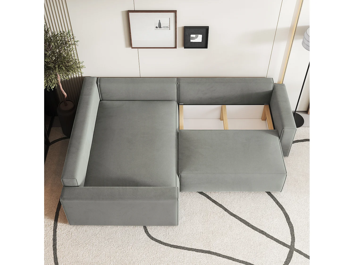 Hoekbank ERONIS van fluweel met slaapfunctie Hellgrau